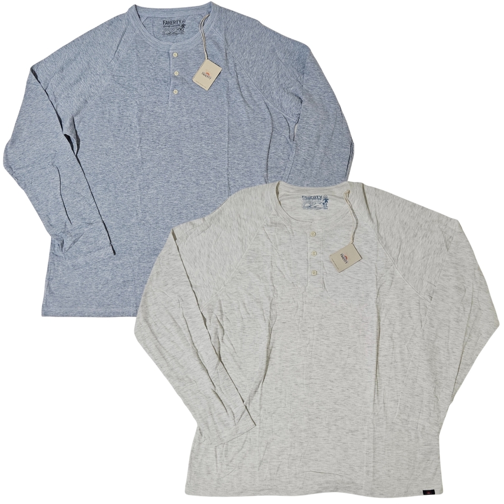 2 Faherty Newport Cloud Henley Shirts Long-Sleeve XXL Light Blue Heather & Ivory